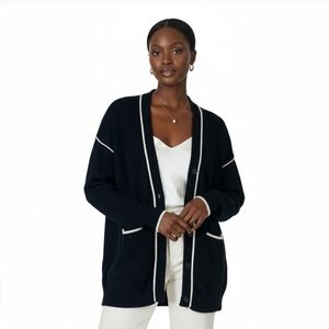 Cabi V-Neck Chore Cardigan Womens L Black White Oversized Preppy Old Money
